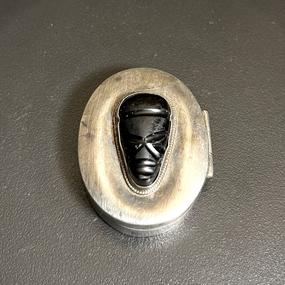 Antique Sterling Silver Pill Box with Carved Onyx Alien Head